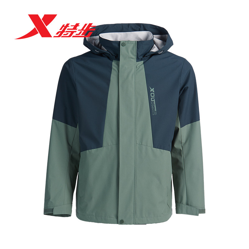 特步冲锋衣男款加绒外套2023秋季新款户外运动连帽梭织上衣