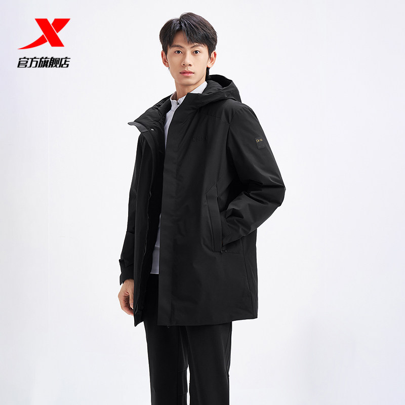 特步羽绒服男中长款无缝商务外套2025冬款CHINA上衣975429640365