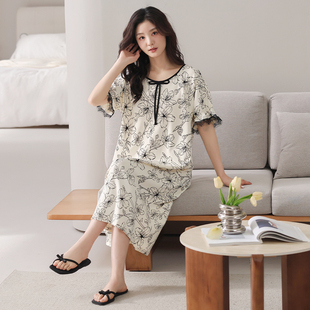 中裙休闲简约家居服可外穿夏季 睡裙女纯棉舒适圆领短袖 睡衣5602