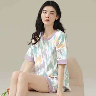 36009 芬腾清睡衣女带胸垫短袖 短裤 印花韩版 宽松家居服可外穿套装