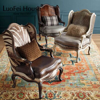 洛妃家具美式实木休闲椅别墅客厅休闲洽谈真皮靠背老虎椅咖啡椅