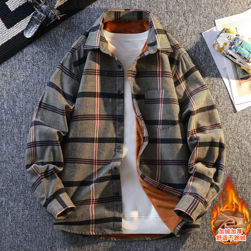 格子衬衫男加绒加厚潮流磨毛外套