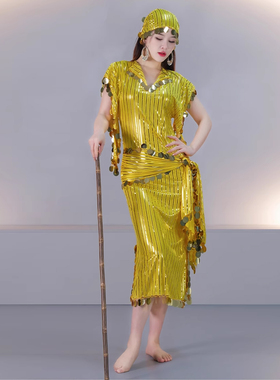 舞娘埃及款袍子Saidi藤杖舞民俗baladi手工亮片烫金条纹短袍艳后