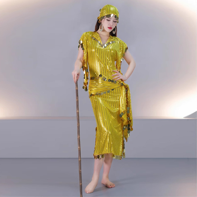 舞娘埃及款袍子Saidi藤杖舞民俗baladi手工亮片烫金条纹短袍艳后