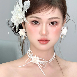 法式复古珍珠花朵蕾丝颈链小众高级流苏蝴蝶结项链高级简约锁骨链