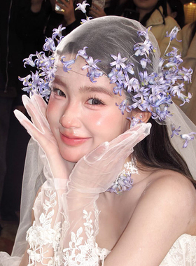 新款新娘头饰梦幻紫色花朵发夹森系高级感复古婚纱礼服造型配饰品