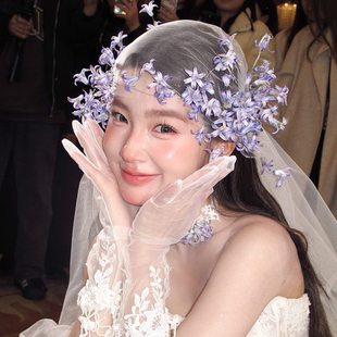 新款新娘头饰梦幻紫色花朵发夹森系高级感复古婚纱礼服造型配饰品