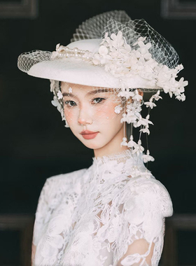 法式赫本礼帽旗袍复古网纱民国白色珍珠帽子新娘面纱晚宴礼服头饰