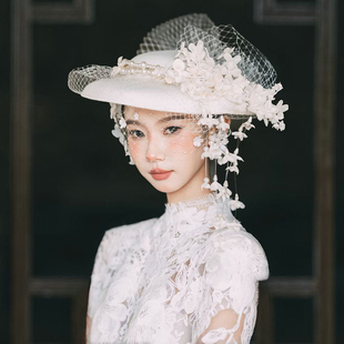 法式赫本礼帽旗袍复古网纱民国白色珍珠帽子新娘面纱晚宴礼服头饰
