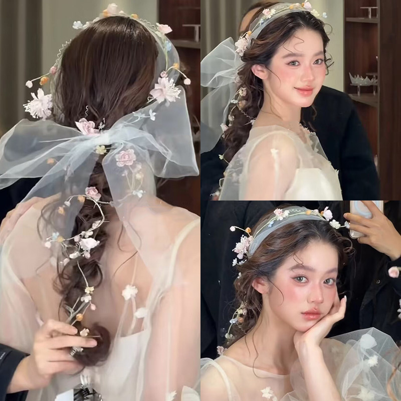 新款森系超仙花朵造型新娘复古花环结婚配饰影楼婚纱头饰饰品高级