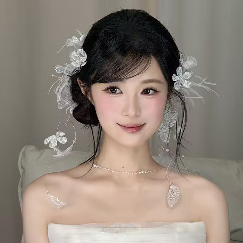 韩式新娘羽毛头饰花朵结婚发夹新款森系发饰婚纱礼服饰品造型配饰