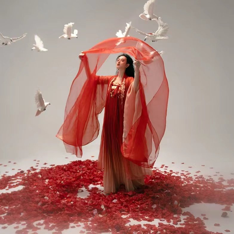 汉服出租 红樱一片式刺绣齐胸褶裙印花大袖衫汉服女2024夏秋日常