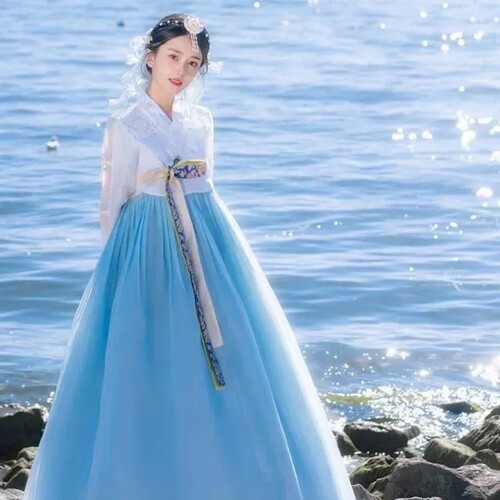 出租蓝色朝鲜族女高端延吉网红拍照宫廷礼服演出服超仙出租