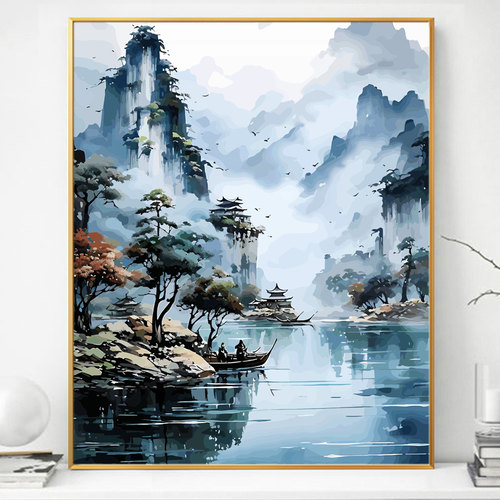 水墨烟雨万重山中式diy油彩画