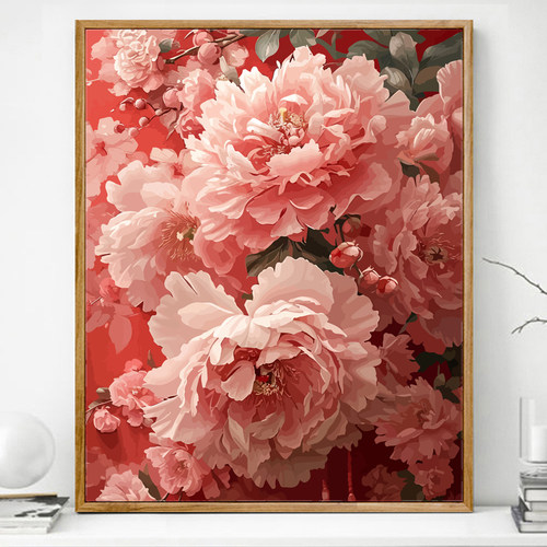 中国红国潮牡丹花卉数字油画diy填充画画填色油彩画手工涂色手绘