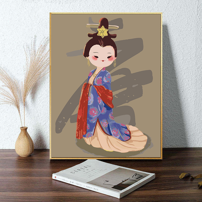 画画diy数字油画手工手色唐风人物卡通少女填充填绘油彩画仕女图
