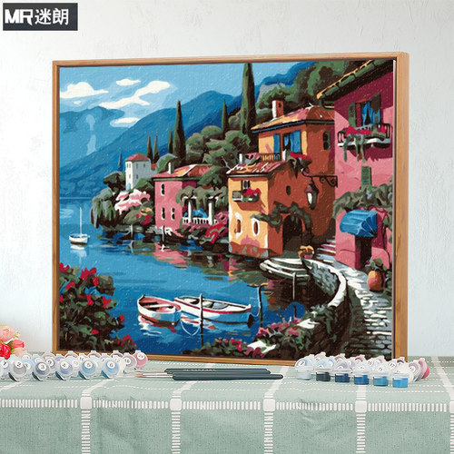 迷朗diy数字油画风景地中海客厅大幅数码填色手绘装饰画 湖边别墅 - 封面