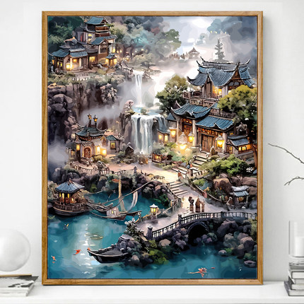 古风仙殿中国风数字油画diy填充画画填色油彩画手绘丙烯手工涂色
