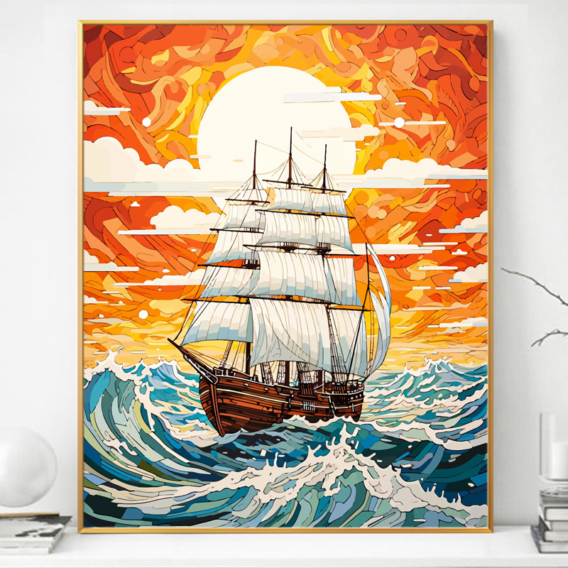 海上游轮数字油画diy填充填色画画手绘丙烯画手工涂色解压油彩画