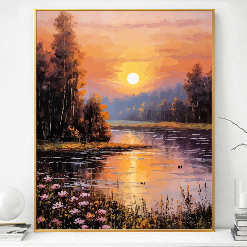 夕阳美景画画diy数字油画填充填色手工手绘治愈解闷风景丙烯油彩