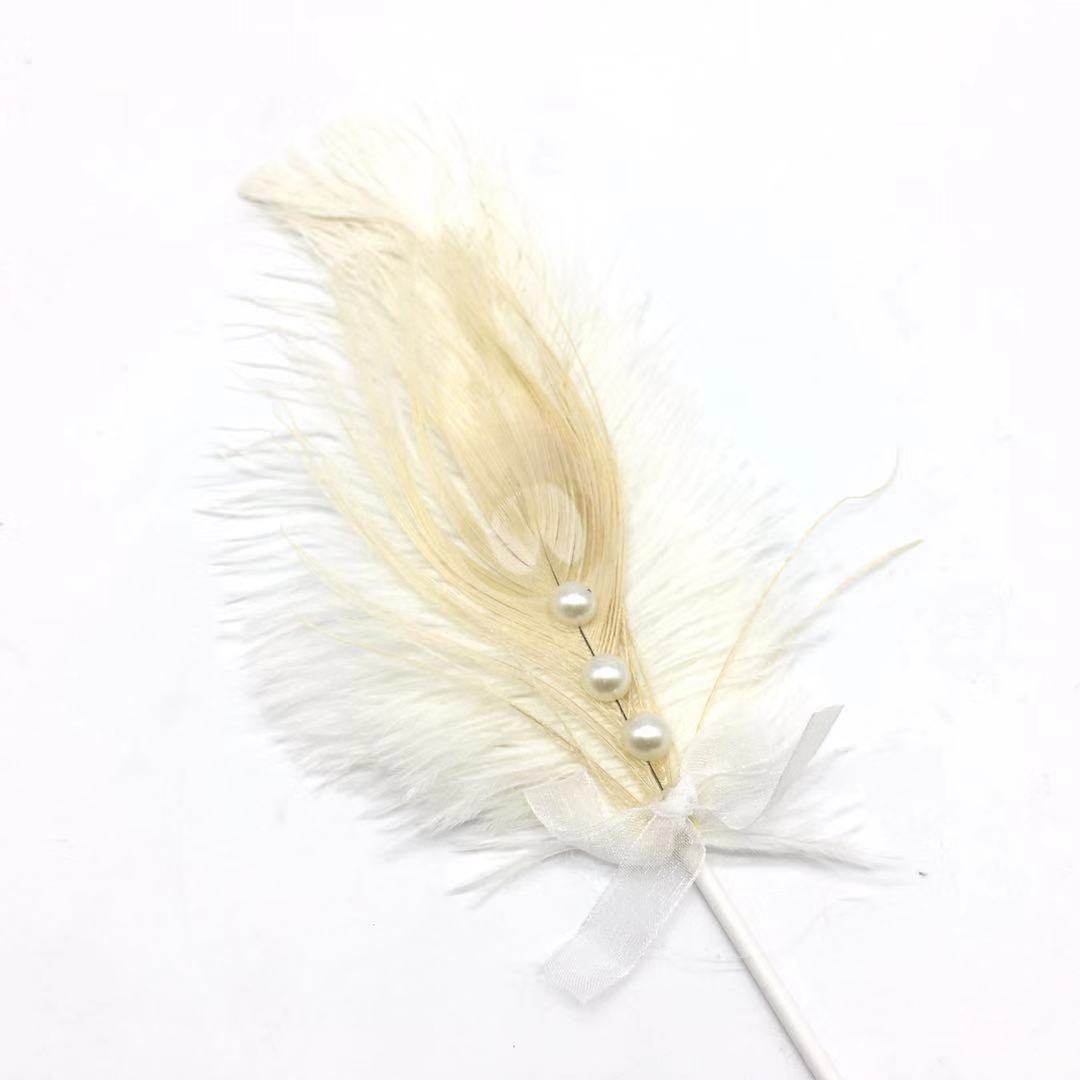 珍珠鸵鸟天鹅羽毛蝴蝶结丝带婚礼甜品台生日蛋糕烘焙装饰插牌插件