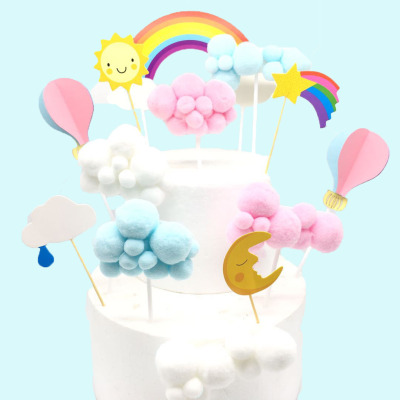 云朵星星月亮毛球彩虹蛋糕装饰