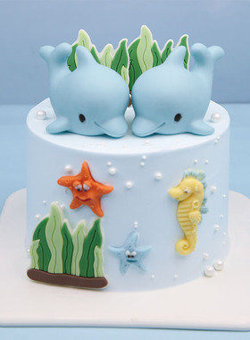 蓝色海豚海洋世界鱼巧克力蛋糕装饰摆件立体生日配件男孩儿童食用