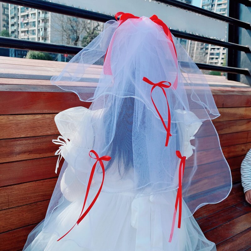 儿童头纱发饰公主长款披纱发卡超仙蝴蝶结小女孩婚纱生日皇冠头饰