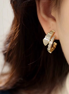 满钻超闪蛇形高级感耳钉2025年新款潮金色几何耳环女网红气质耳饰