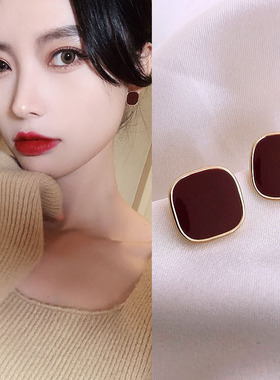 酒红色方形法式通勤耳环新款推荐时尚潮气质纯银耳钉简约百搭耳饰