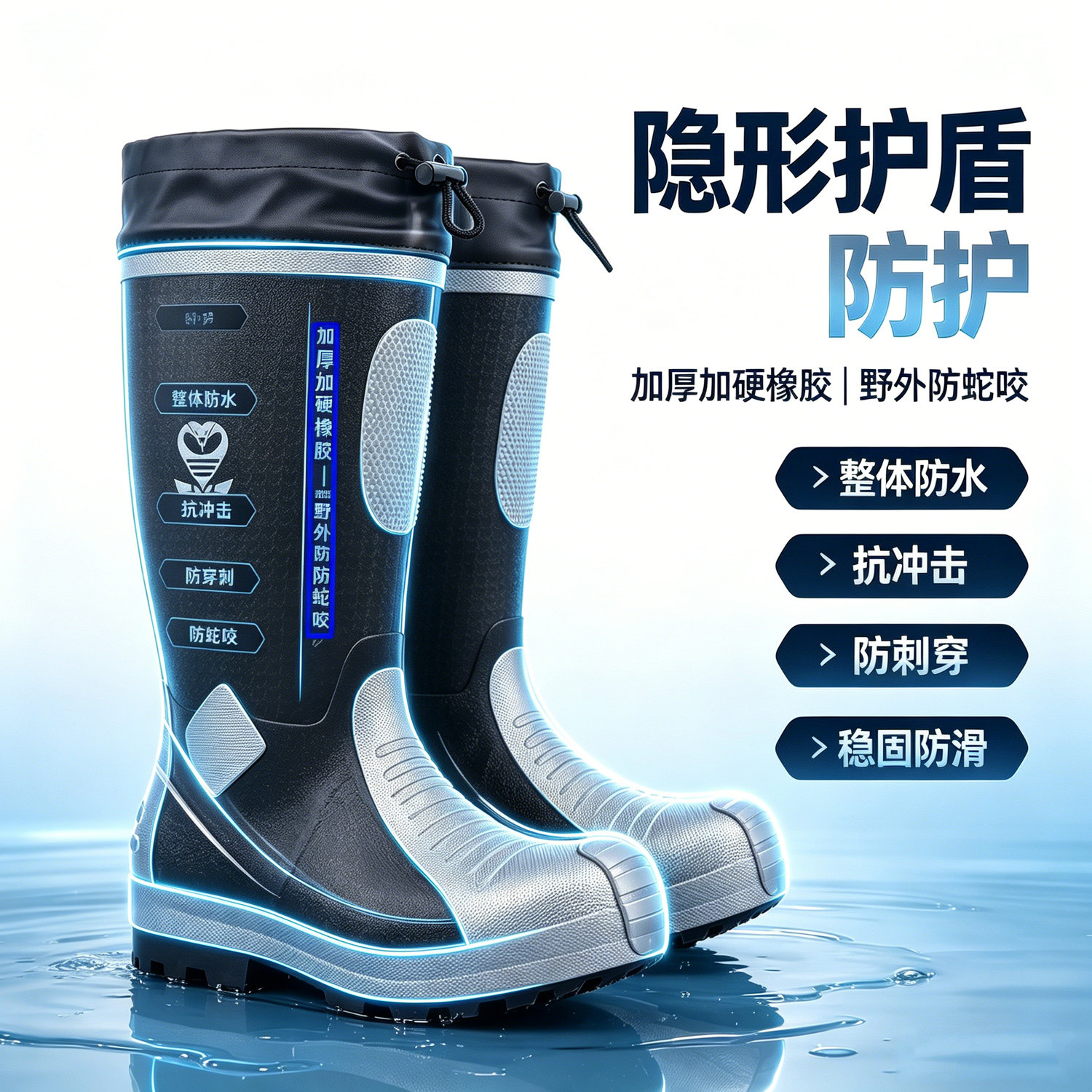 定制户外男防蛇高筒雨鞋加硬加厚水靴赶山防水靴防砸防穿刺橡胶靴