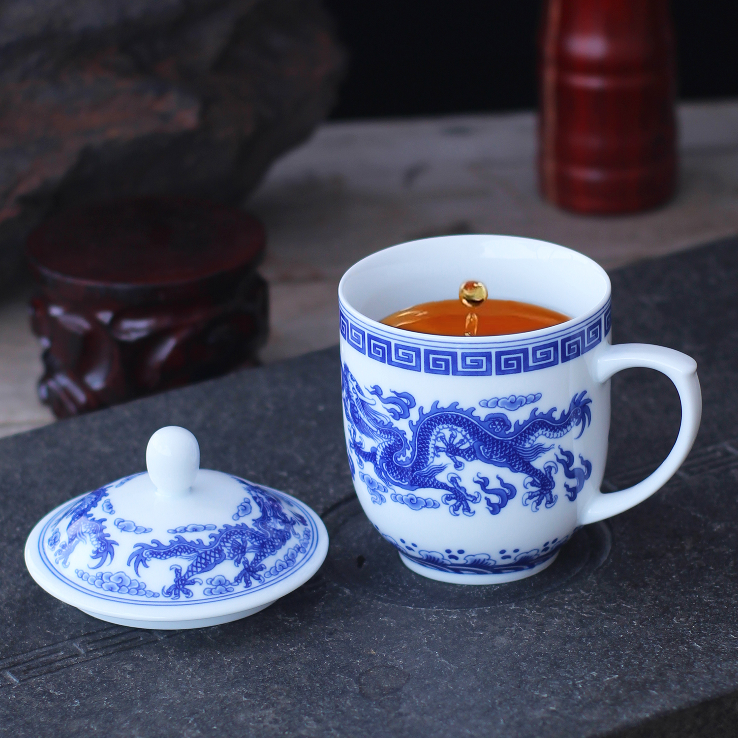 双龙戏珠中式复古红叶正品陶瓷杯