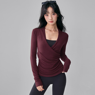 交叉V领瑜伽服高弹显瘦运动长袖 叠穿健身上衣新 女普拉提跑步修身