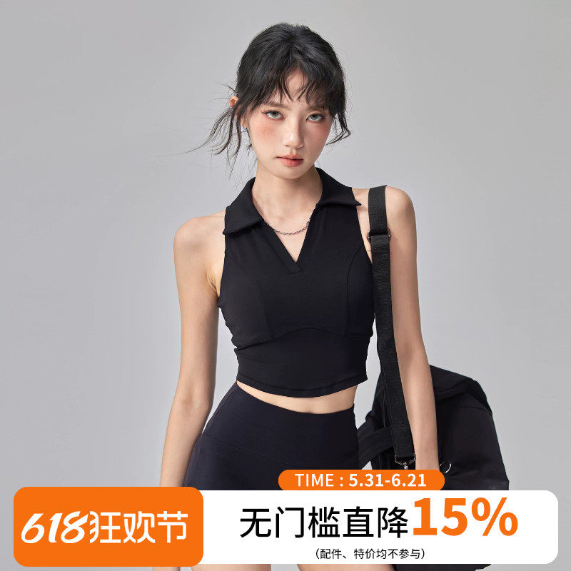 云端贝壳带胸垫运动背心女翻领无袖网球瑜伽服跑步polo健身上衣夏