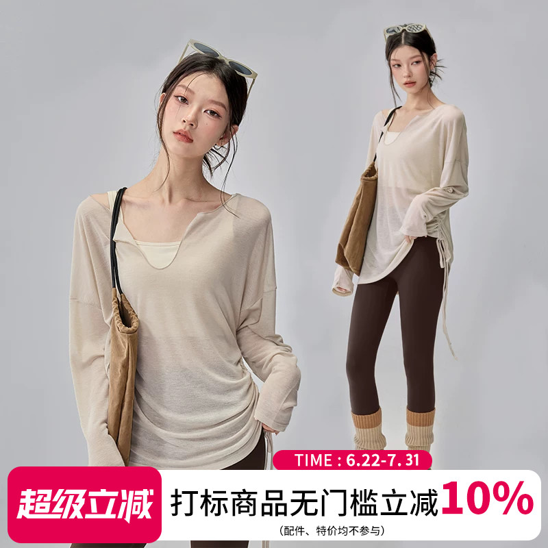 宽松瑜伽服上衣女休闲显瘦运动罩衫V领透气普拉提训练长袖薄款