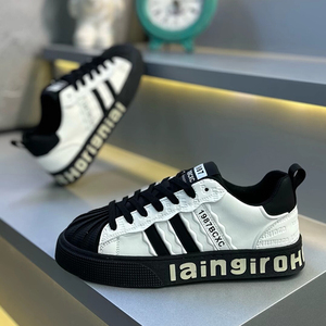 欧洲站男鞋春季新款贝壳头低帮板鞋厚底增高三条杠男士运动休闲鞋