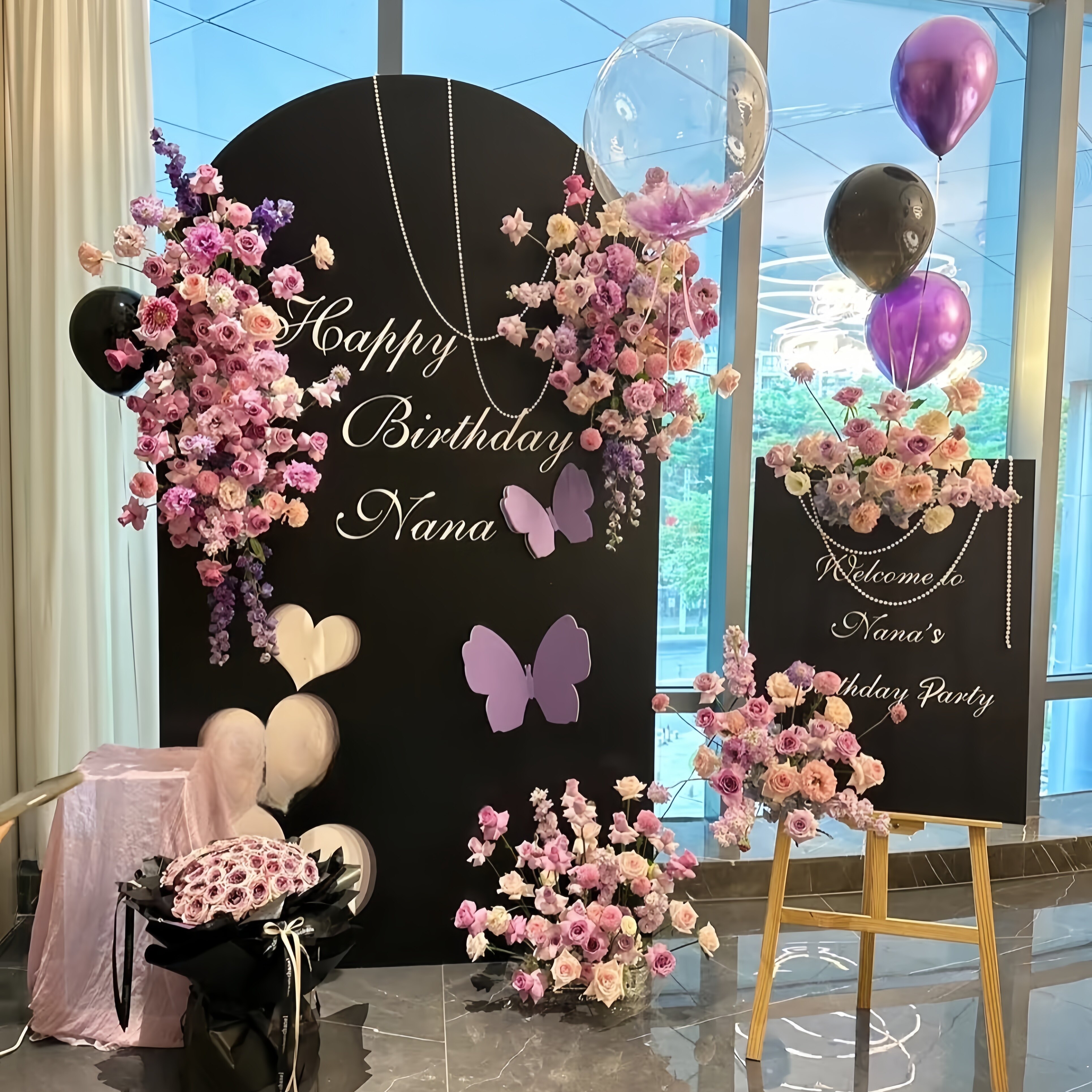 紫色仿真花生日周岁宴餐厅订婚庆迎宾区橱窗开业交车现场布置kt板
