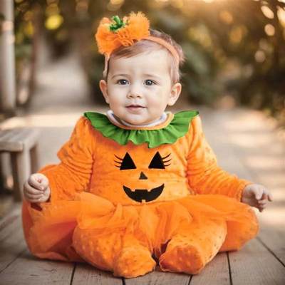 Halloween Infant Girls Romper Dress Long Sleeve Pumpkin Prin