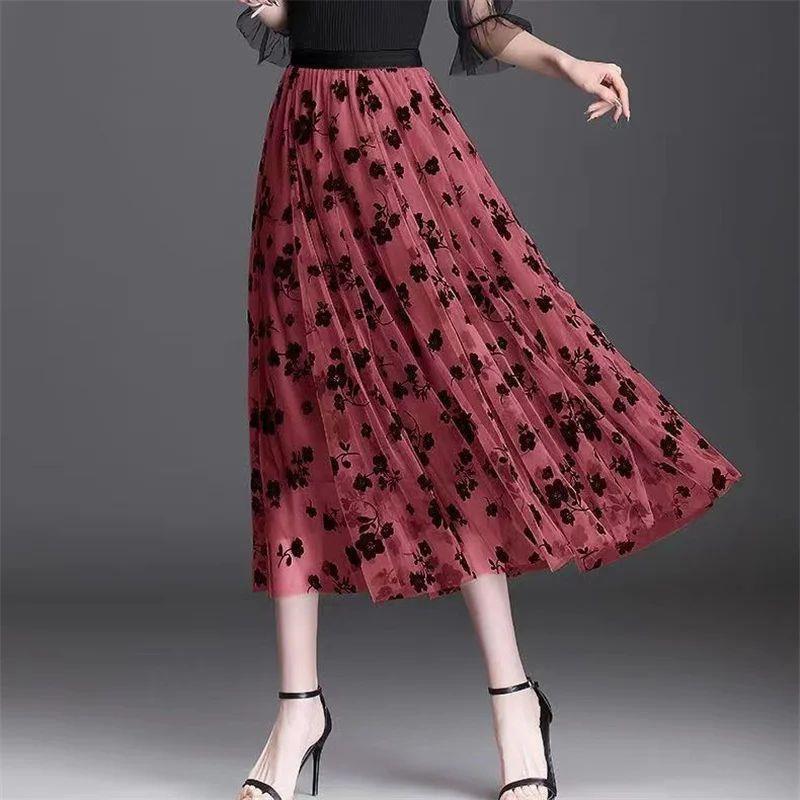 Mesh Floral Skirt For Women 2023 Autumn Winter Lace Flocking