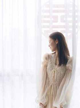 Wedding新娘伴娘结婚白色蕾丝吊带开衫睡裙拖尾睡美人森系仙晨袍