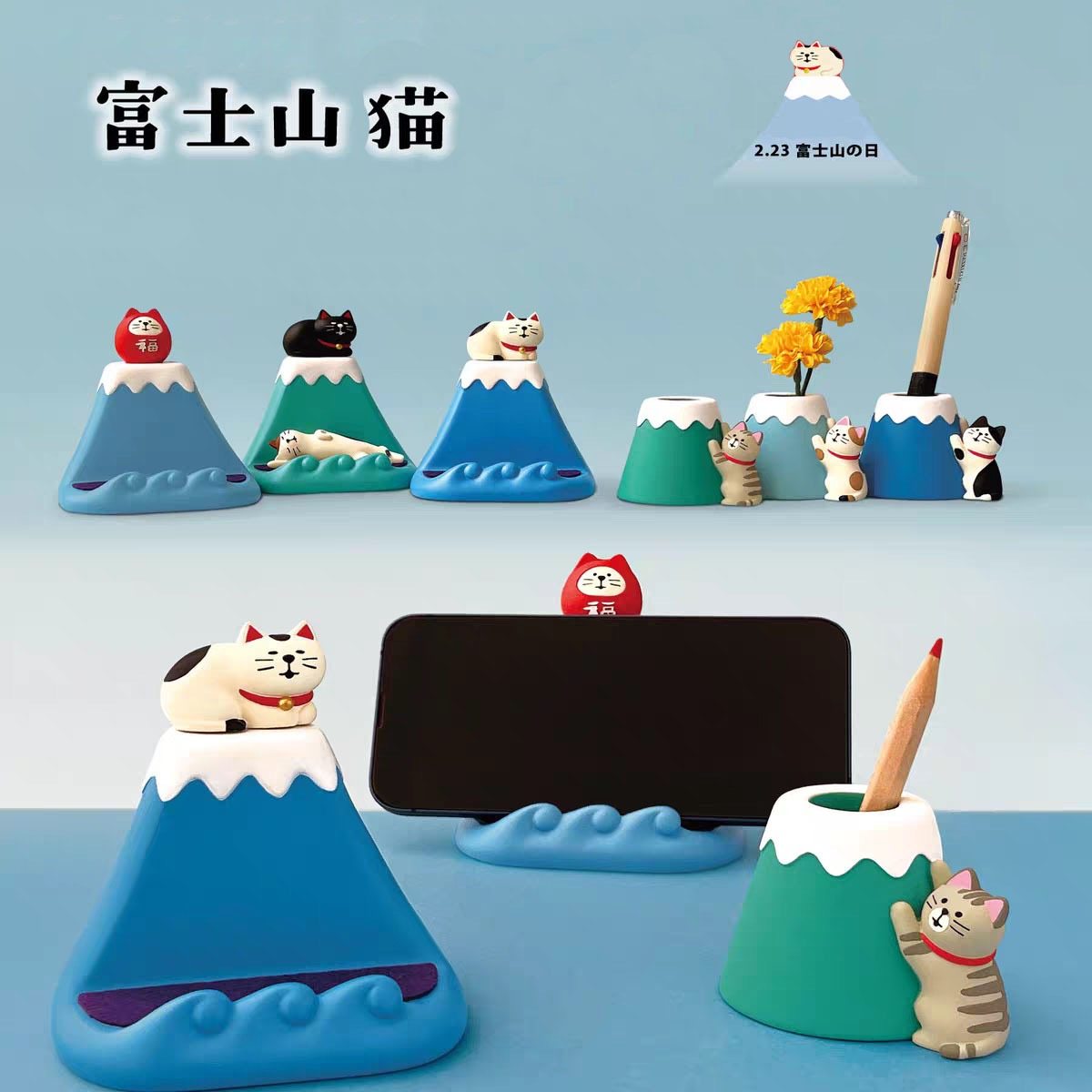 富士山手机猫咪支架笔筒树脂工艺品猫咪懒人平板支架情侣礼品,家居饰品,桌面摆件,淘宝优惠券,粉丝福利购,淘宝优惠卷