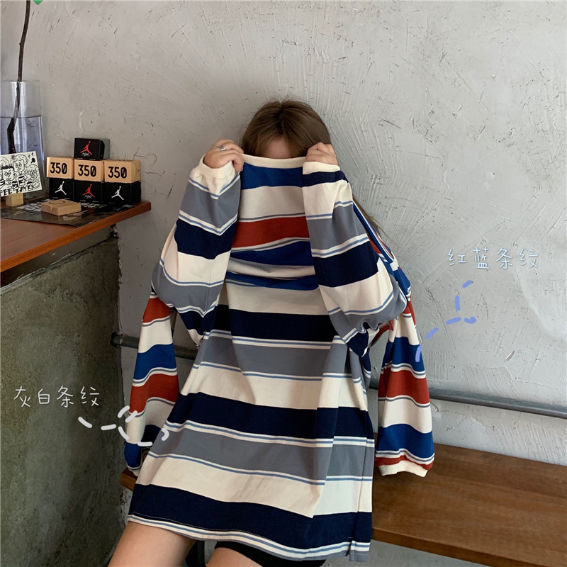 Real Korean loose contrast stripe long sleeve T-shirt