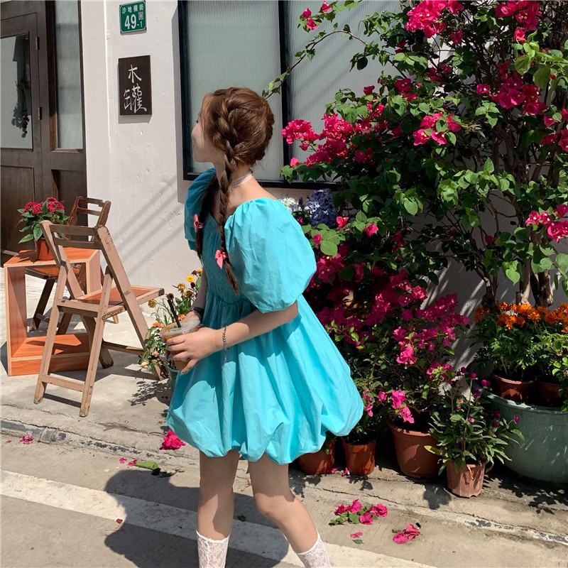 Real time square neck bubble sleeve waist dress