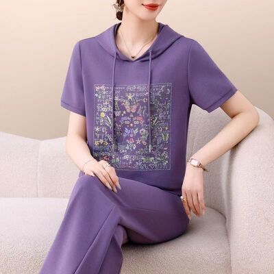 夏季2026新款时尚宽松连帽短袖休闲套装女洋气减龄修身长裤两件套