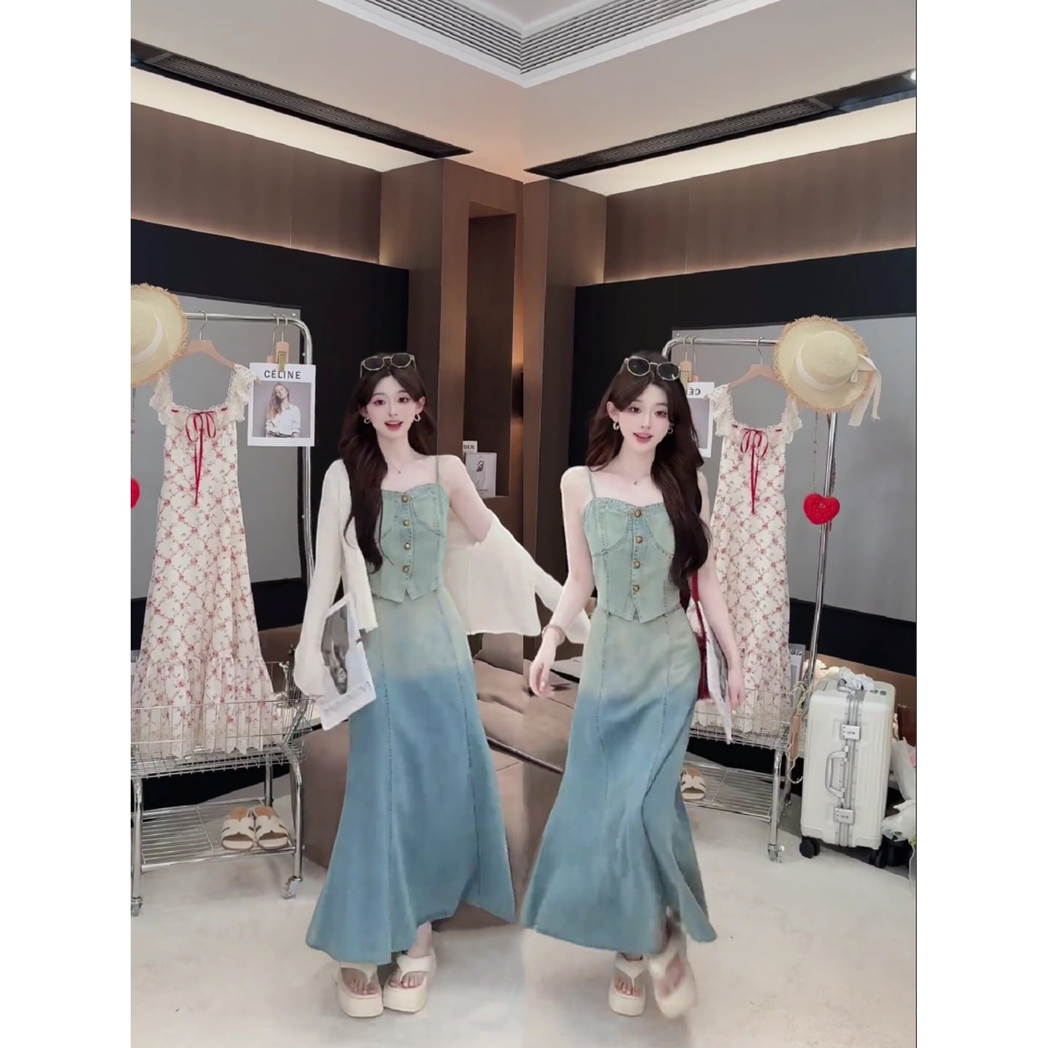 牛仔吊带背心半身裙开衫套装女夏