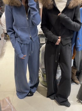 2026秋冬新款女装连帽拉链真毛领卫衣套装两件套女宽松休闲九米