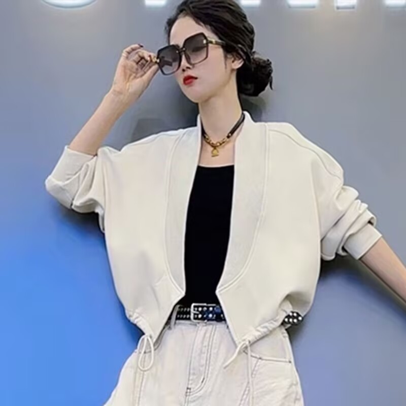 2025春季新设计感螺纹拼接外套女长袖蝙蝠袖抽绳宽松休闲百搭
