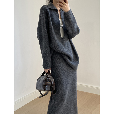 言双 深V翻领套头毛衣套装裙女秋季休闲百搭高腰半身裙两件套P680