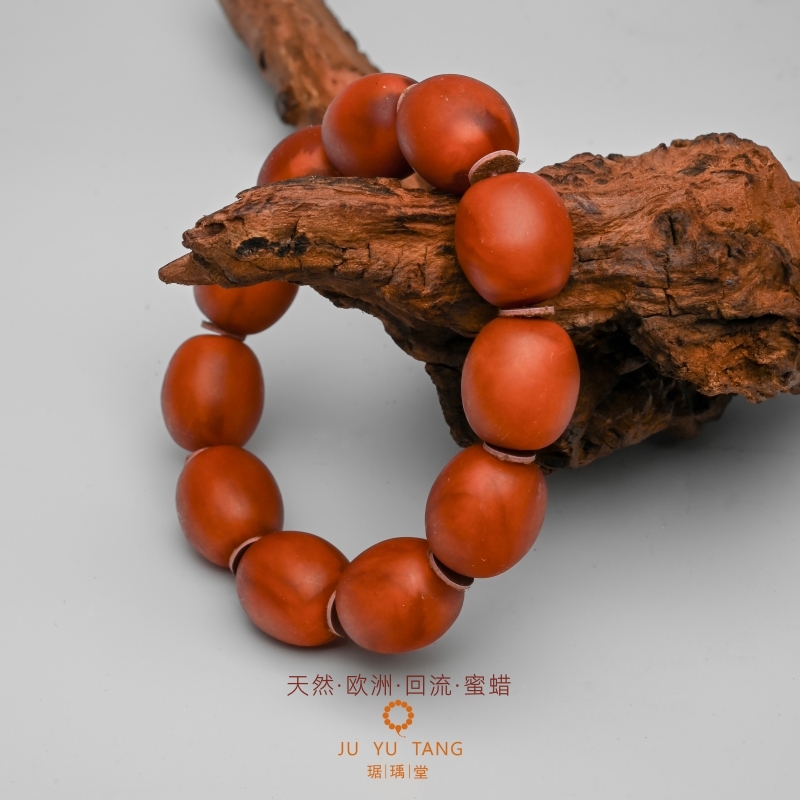 天然正品欧洲回流蜜蜡手串红皮鼓珠带香味招财原石手链男款带证书