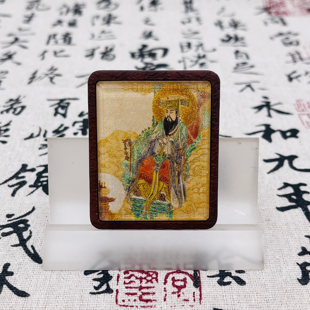 双面洒金手绘昊天上帝+纯手绘讳字枣木唐卡道牌吊坠镶银南斗北斗